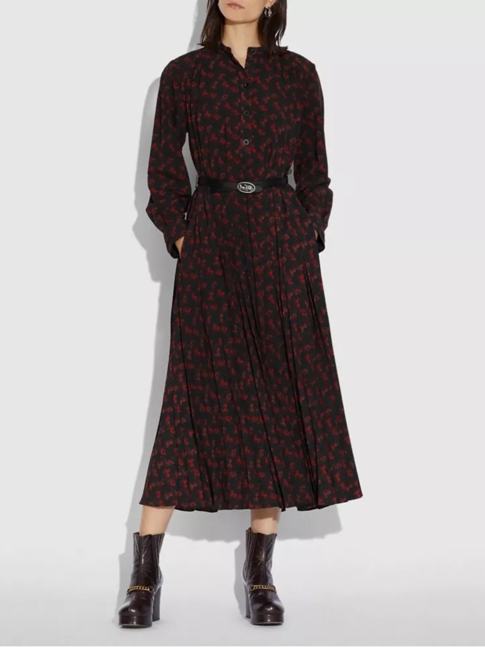Coach Horse And Carriage Print Pleated Women Red Shirt Dress size 2